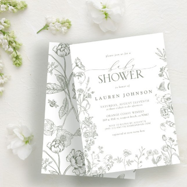 Invitación Elegante Sage Green Victorian Floral Baby Shower (Subido por el creador)