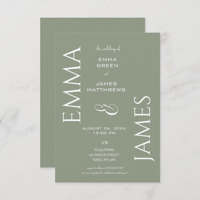 Invitación Elegante Sage Green, White Font Bold Script Boda (Anverso / Reverso)