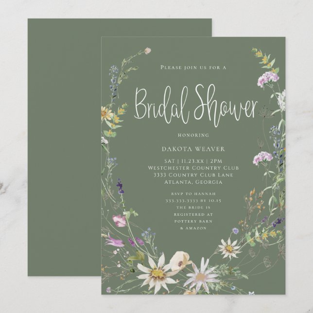 Invitación Elegante Sage Green Wildflower Bridal Shower (Anverso / Reverso)