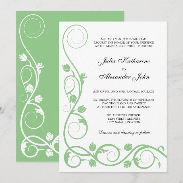 Invitación Elegante Sage Green y White Swirls (Anverso / Reverso)