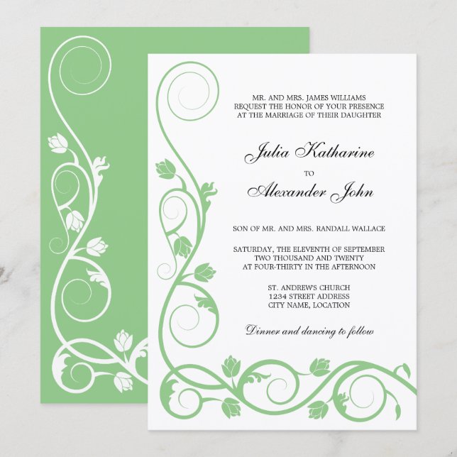 Invitación Elegante Sage Green y White Swirls (Anverso / Reverso)