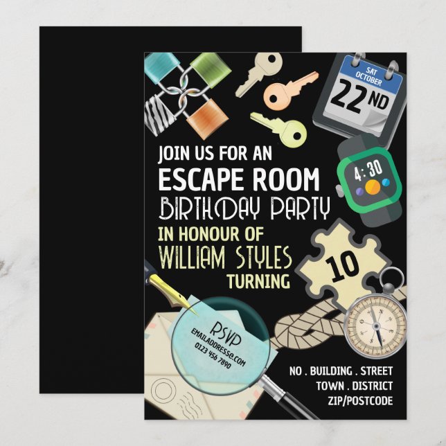 Invitación Elegante sala de escape, fiesta de cumpleaños (Anverso / Reverso)