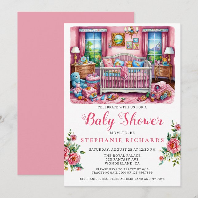 Invitación Elegante sala de guarderías rosadas Baby Shower (Anverso / Reverso)