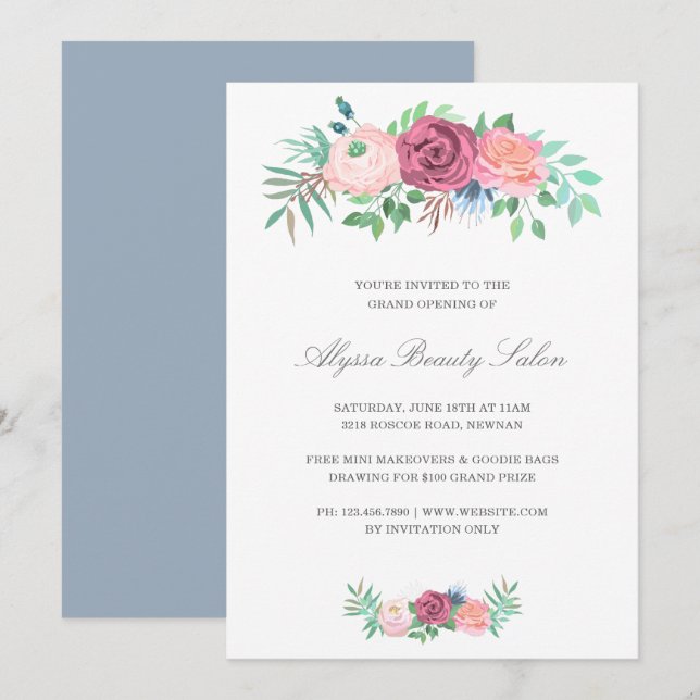 Invitación Elegante Salón De Belleza Floral Rosa Gran Apertur (Anverso / Reverso)