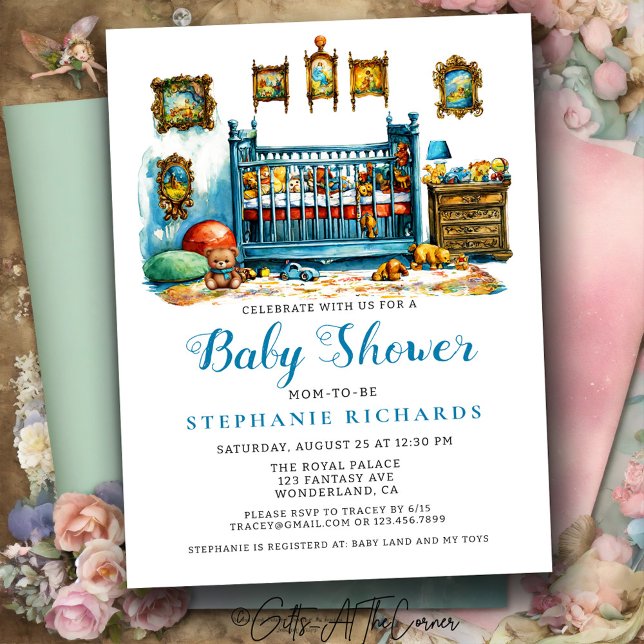 Invitación Elegante salón de guardería de cuna azul Boho Baby (Subido por el creador)