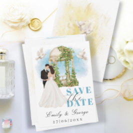 Invitación Elegante salva la fecha con novia y Groom Gazebo