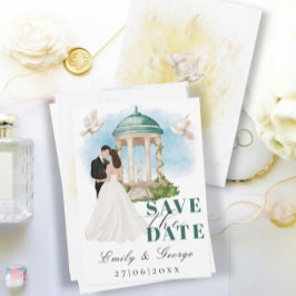 Invitación Elegante salva la fecha con novia y Groom Gazebo