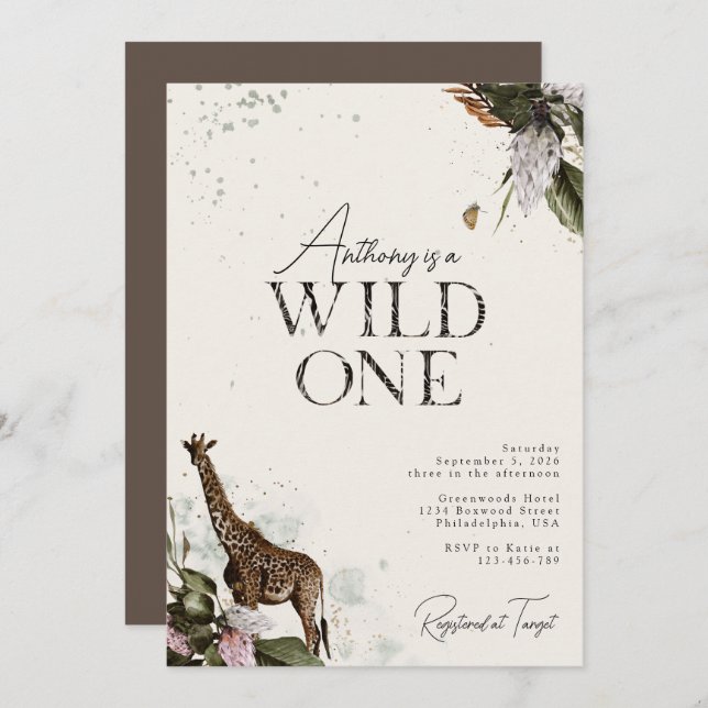 Invitación Elegante salvaje Una acuarela Safari Primer cumple (Anverso / Reverso)