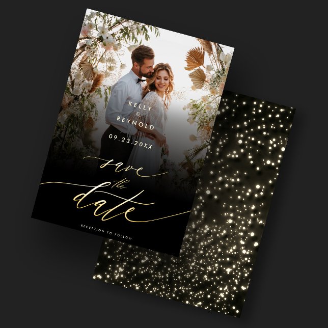 Invitación Elegante Salve El Boda De Fotos De Oro Negro Date (Elegant Save The Date Gold Photo Wedding Invitation
)