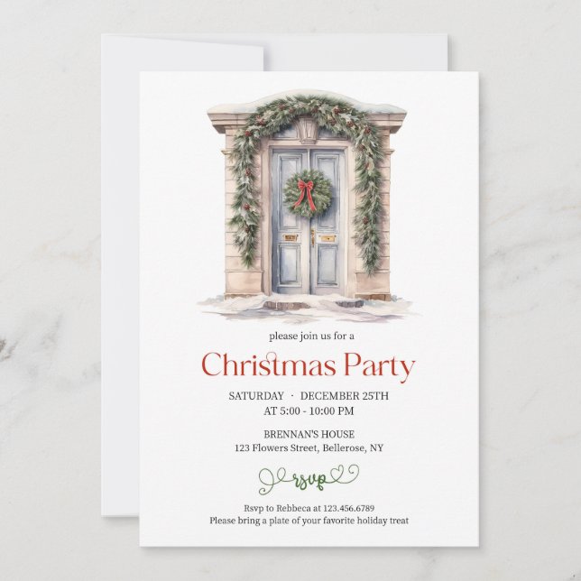 Invitación Elegante salvia acuarela y puerta rústica roja (Anverso)