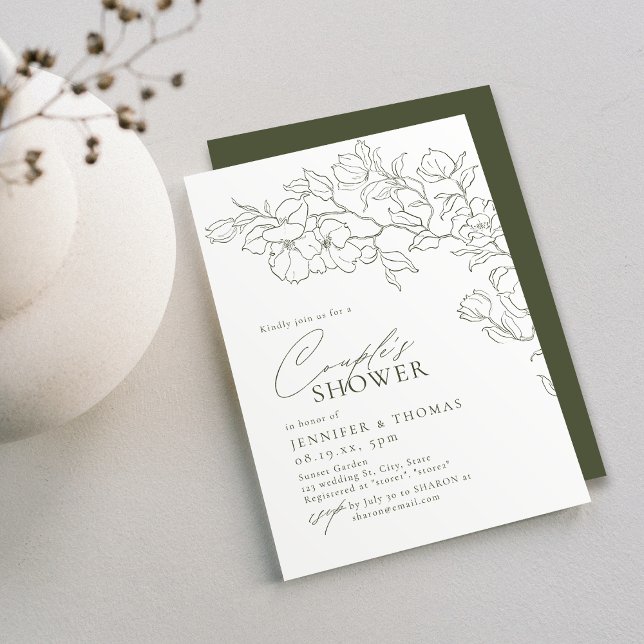 Invitación Elegante salvia floral barnizado a mano verde Duch (Elegant handdrawn floral sage green Couples Shower Invitation)