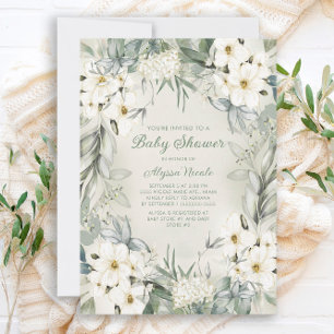 Invitación Elegante salvia floral blanca verde hojas Baby Sho
