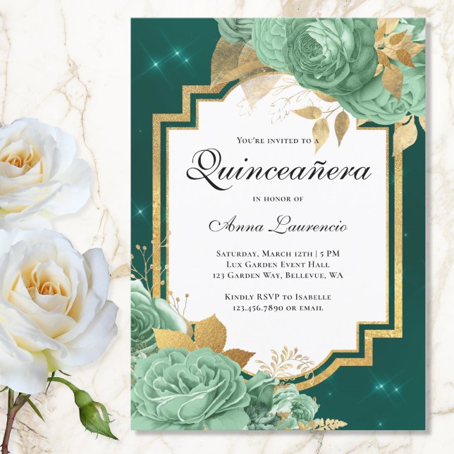 Invitación Elegante Salvia Floral Verde Esmeralda Quinceañera (Subido por el creador)