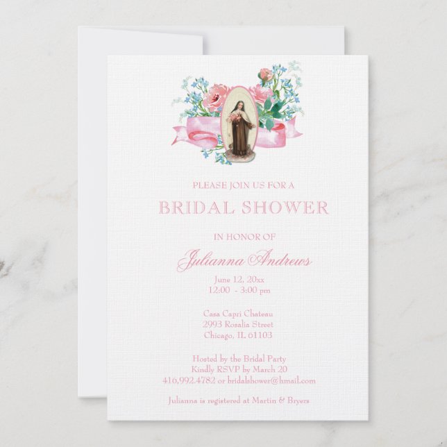 Invitación Elegante San Terés Floral Católica Ducha Bridal (Anverso)