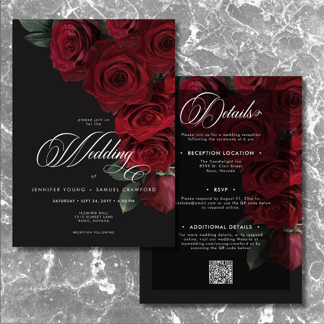 Invitación Elegante Sangre Sangre Roja Floral Dos lados (Elegant Moody Blood Red Roses Floral Two Sided Invitation)
