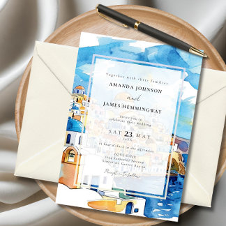 Invitación Elegante Santorini Grecia Destino Azul y Blanco