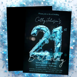 Invitación Elegante Sapphire Azul y Negro 21 cumpleaños
