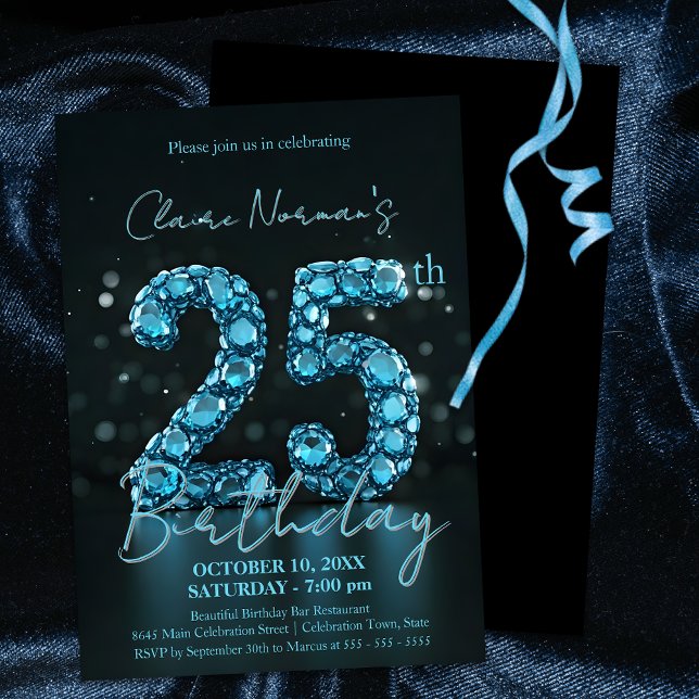 Invitación Elegante Sapphire Azul y Negro 25 cumpleaños (Subido por el creador)