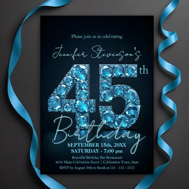 Invitación Elegante Sapphire Azul y Negro 45 cumpleaños (Subido por el creador)