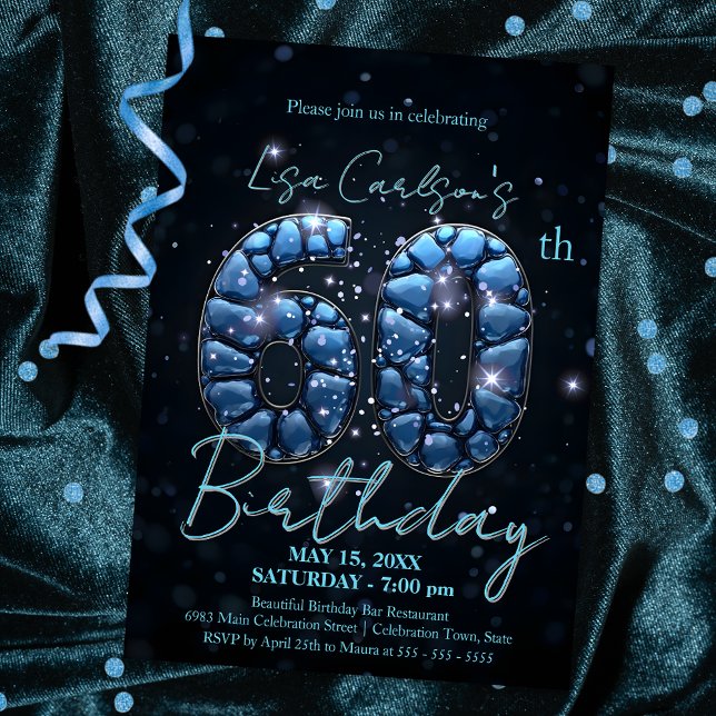 Invitación Elegante Sapphire Azul y Negro 60 cumpleaños (Subido por el creador)