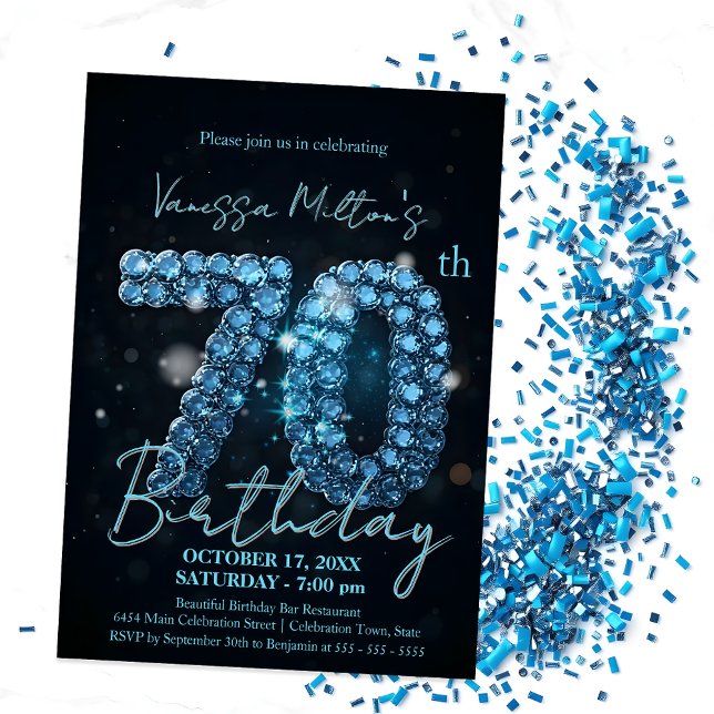 Invitación Elegante Sapphire Azul y Negro 70 cumpleaños (Subido por el creador)