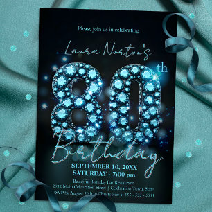 Invitación Elegante Sapphire Azul y Negro 80 cumpleaños