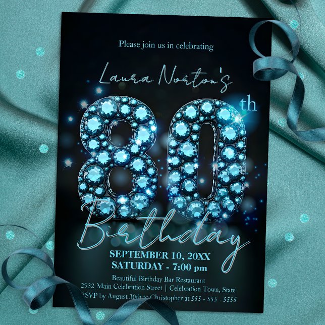 Invitación Elegante Sapphire Azul y Negro 80 cumpleaños (Subido por el creador)