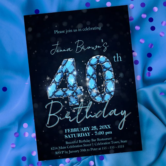 Invitación Elegante Sapphire Blue y Black 40 cumpleaños (Subido por el creador)