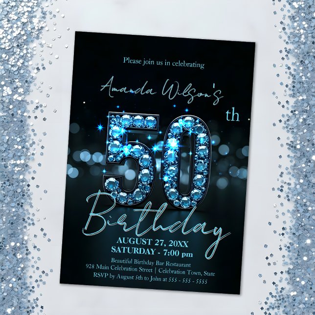 Invitación Elegante Sapphire Blue y Black 50 cumpleaños (Subido por el creador)