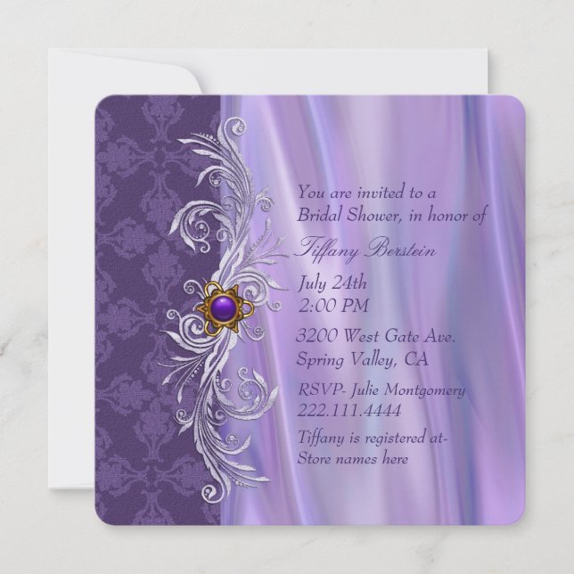 Invitación Elegante satén morado y ducha de novia Damask (Anverso)