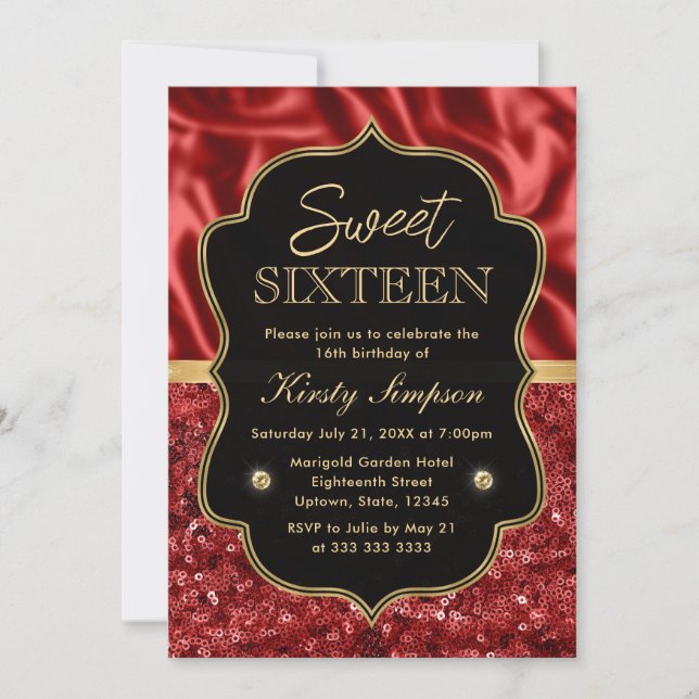 Invitación Elegante satén rojo y marco dorado Purpurina dulce (Anverso)