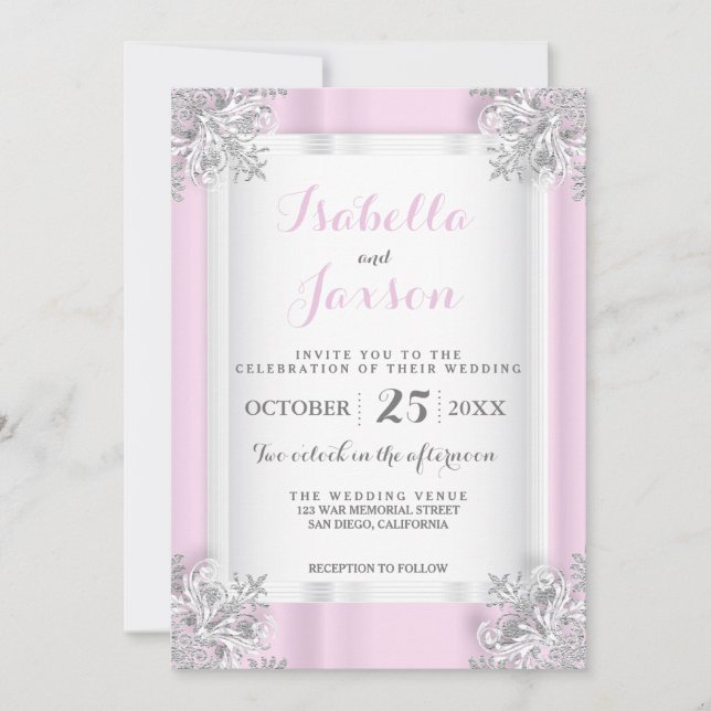 Invitación Elegante satén rosa y blanco con ornato plateado (Anverso)