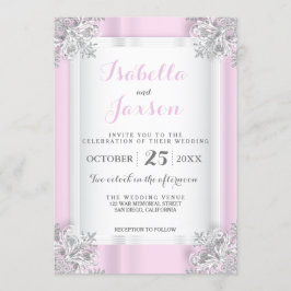 Invitación Elegante satén rosa y blanco con ornato plateado