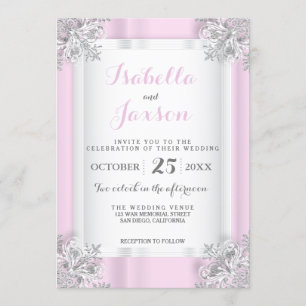 Invitación Elegante satén rosa y blanco con ornato plateado