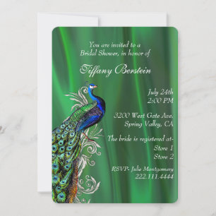 Invitación Elegante satén verde y ducha de novias pavo real