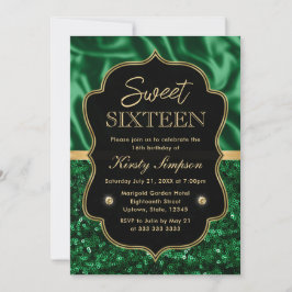 Invitación Elegante satén verde y marco dorado con brillo Dul