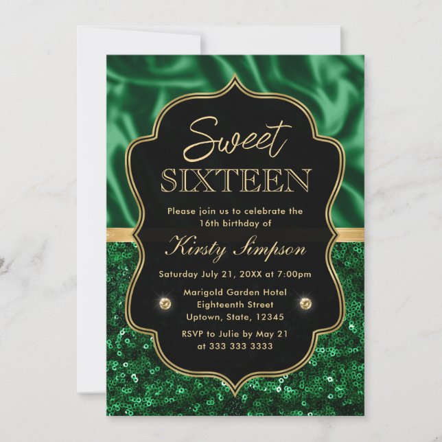 Invitación Elegante satén verde y marco dorado Purpurina dulc (Anverso)