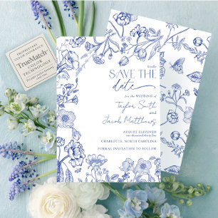 Invitación Elegante Save the Date azul y blanco de Chinoiseri