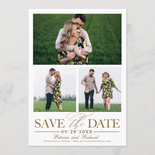Invitación Elegante Save The Date de Boda con 3 Fotos en Cola