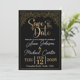 Invitación Elegante Save the Date de Boda de Playa Negro y Do