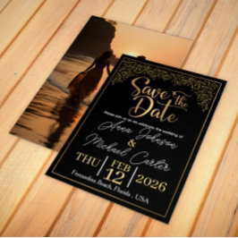 Invitación Elegante Save the Date de Boda de Playa Negro y Do