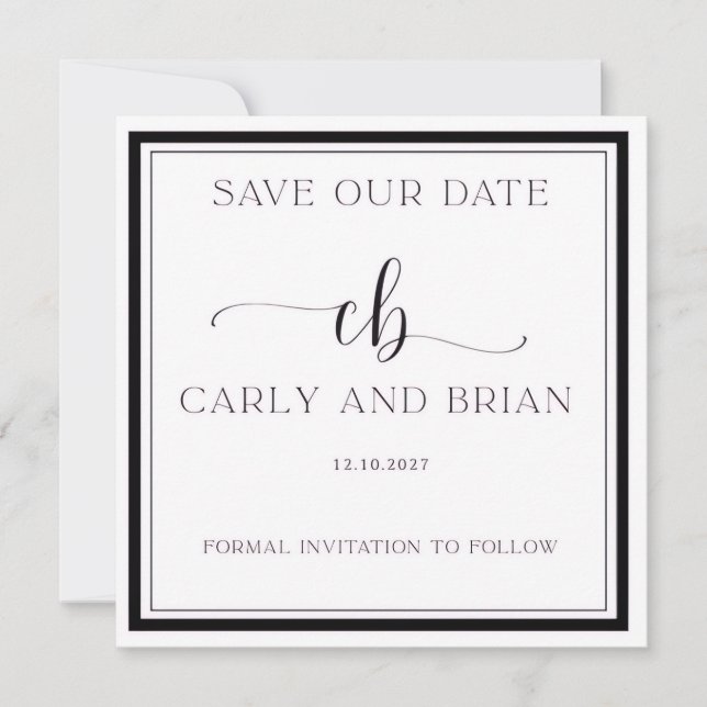 Invitación Elegante Save the Date en Blanco y Negro (Anverso)
