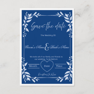 Invitación Elegante "Save the Date" floral azul y blanco