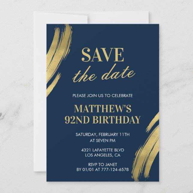 Invitación Elegante Save the date Navy Gold cumpleaños 92 (Anverso)