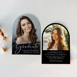 Invitación Elegante Script Arch Photo Black Graduation Party