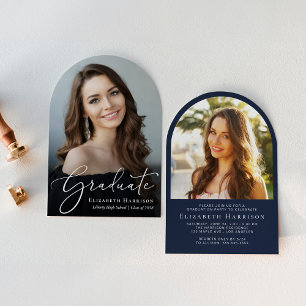 Invitación Elegante Script Arch Photo Blue Graduation Party