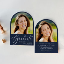 Elegante Script Arch Photo Blue Graduation Party