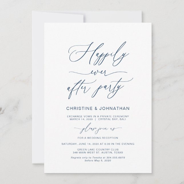 Invitación Elegante Script, Azul Marino, Huida de Boda (Anverso)