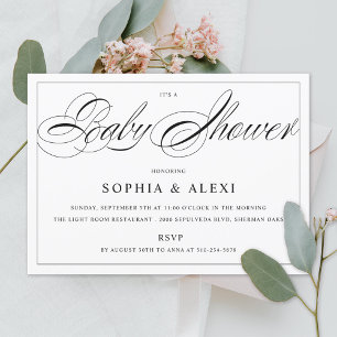 Invitación Elegante Script Baby Shower en blanco y negro