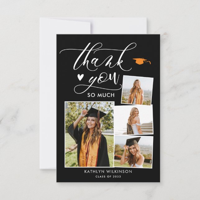 Invitación Elegante Script Black 4 Photo Graduation Gracias (Anverso)